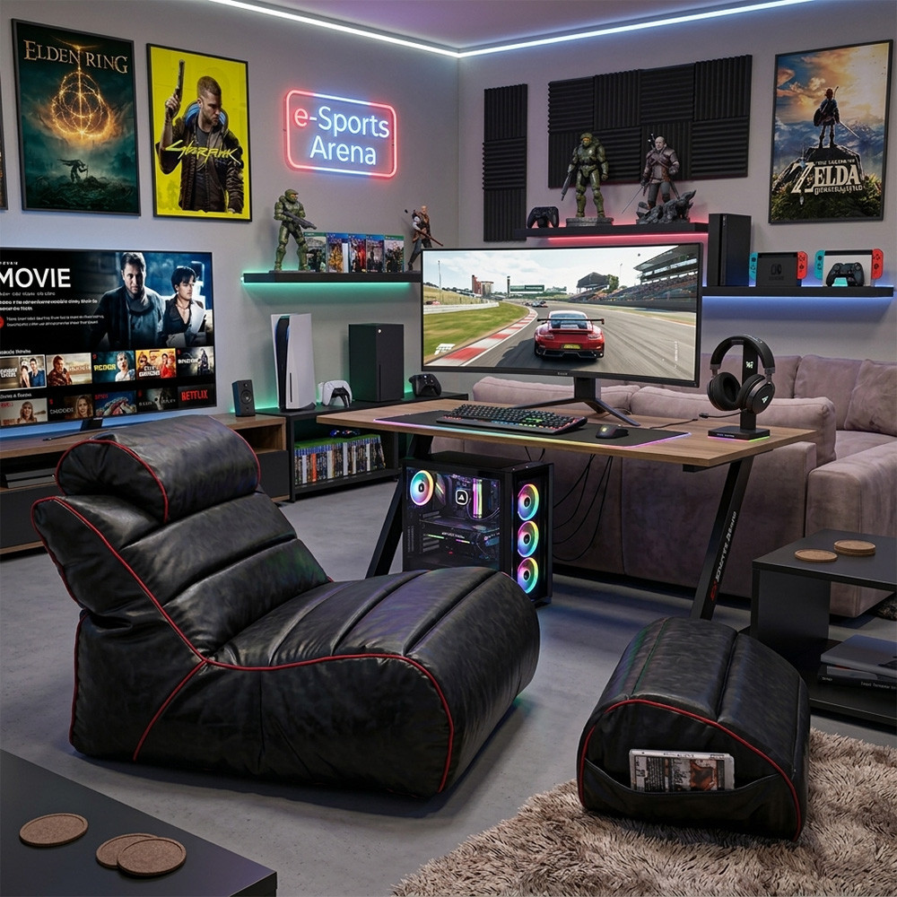 Kit Gamer Arcade Poltrona e Apoio com Enchimento de MicroPerolas e Impermeável