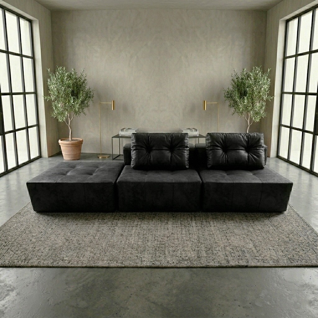 Serena Duo + Pufão Preto 3 Peças Modular Layout configurável tecido Nobuck