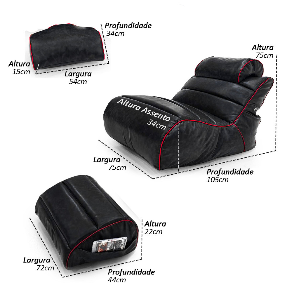 Kit Gamer Completo Arcade Poltrona e Apoios com Enchimento de MicroPerolas e Impermeável