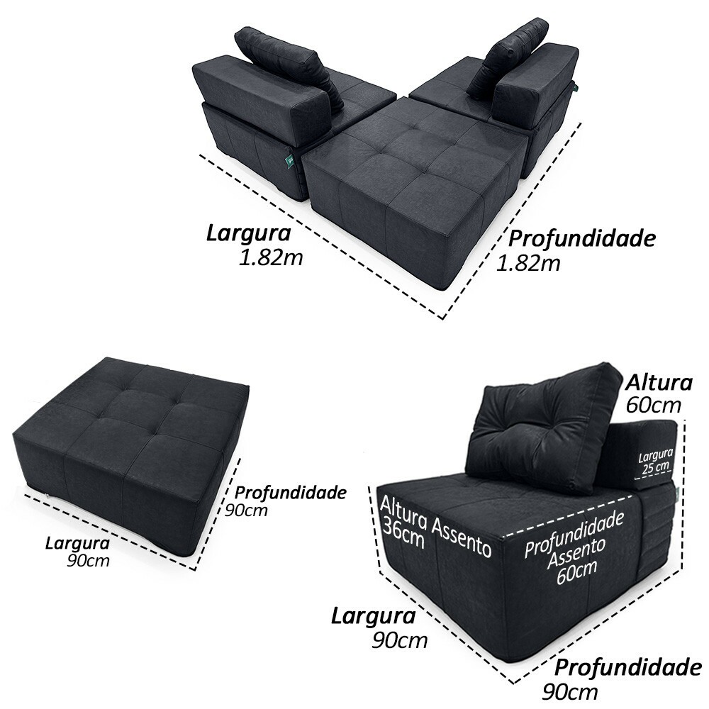 Serena Duo + Pufão Preto 3 Peças Modular Layout configurável tecido Nobuck