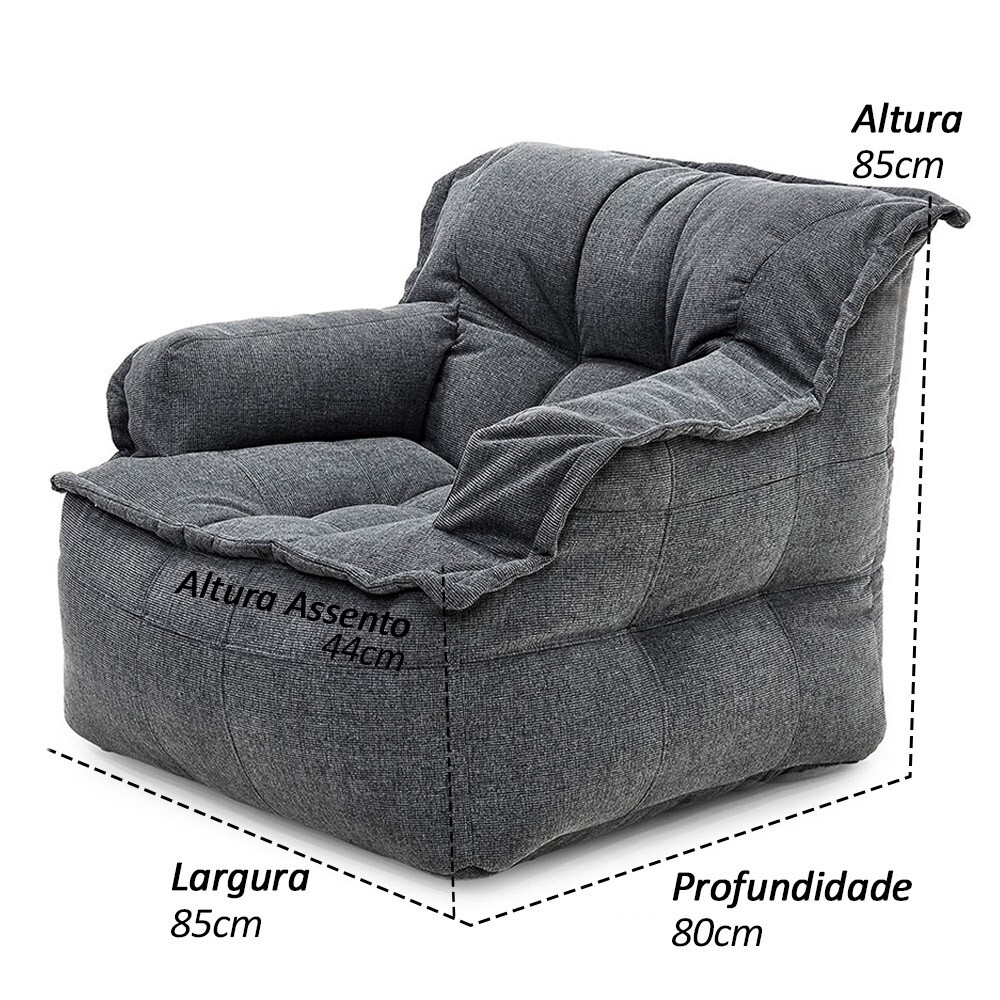 Puff Poltrono - Com enchimento de Pérolas de EPS Leve Premium Cinza Escuro