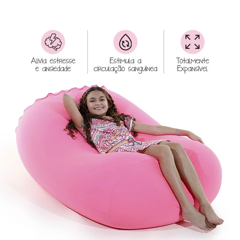 Puff Rollo - Sensorial e versátil com enchimento cor  rosa chiclete