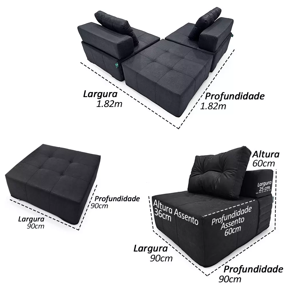 Serena Duo + Pufão Preto 3 Peças Modular Layout configurável tecido Nobuck