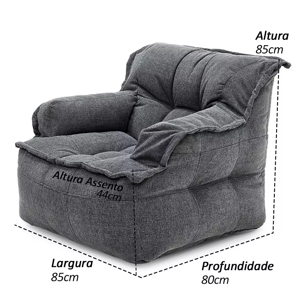 Puff Poltrono - Com enchimento de Pérolas de EPS Leve Premium Cinza Escuro