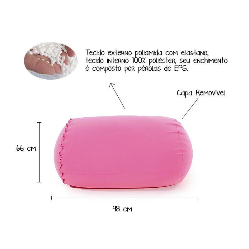 Puff Rollo - Sensorial e versátil com enchimento cor  rosa chiclete