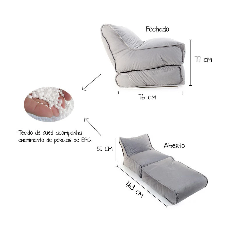 Sofá-Cama Julia - Puff em tecido linhão/enchimento de perolas de EPS
